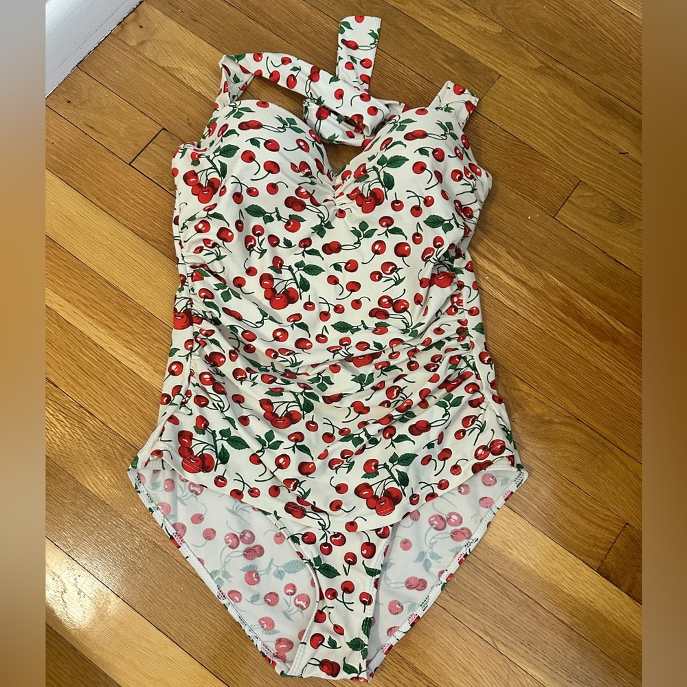 COCOSHIP White One-Piece Swimsuit with Red Cherry Print